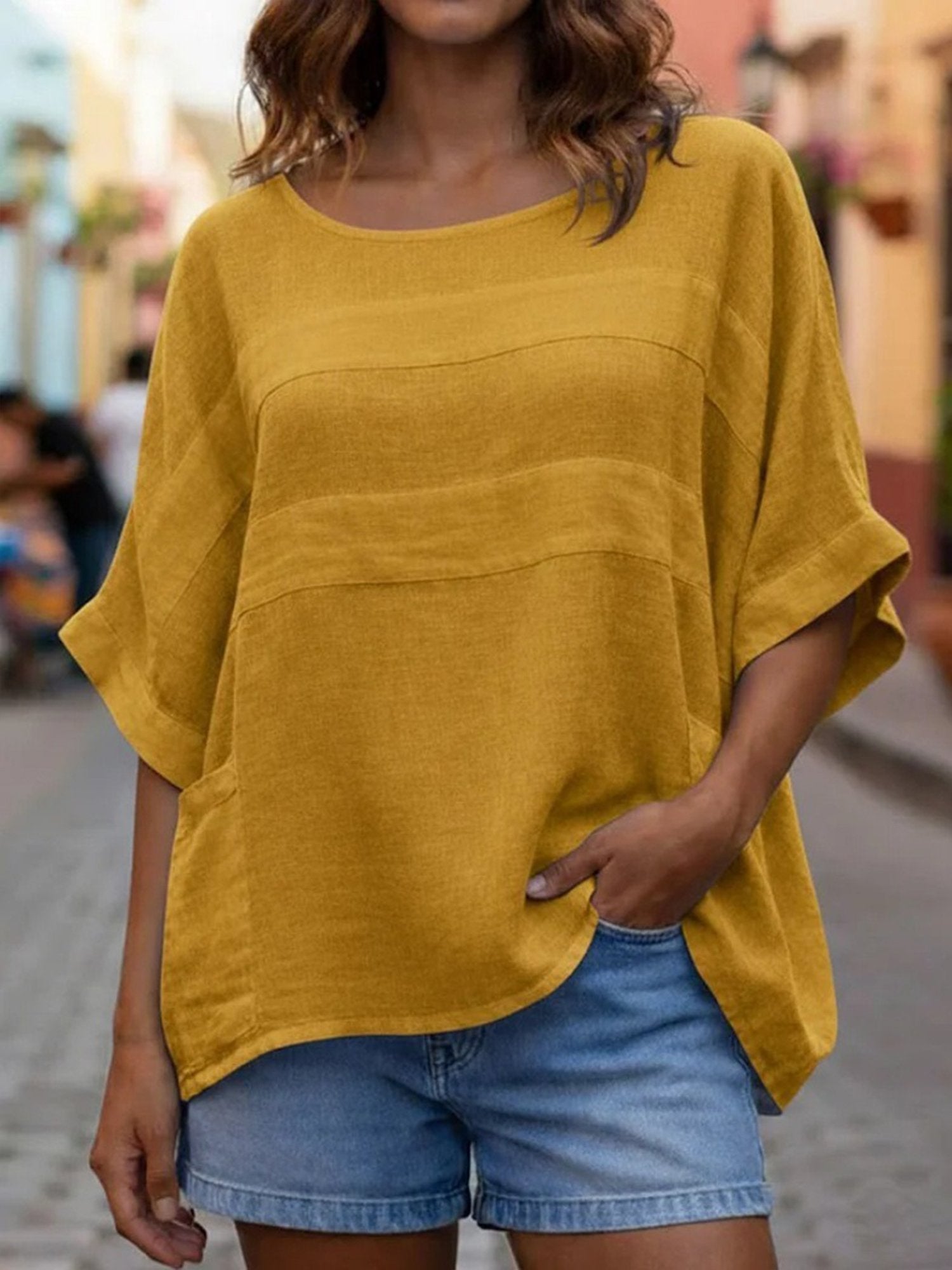 Cotton And Linen Casual Plain Crew Neck Blouse