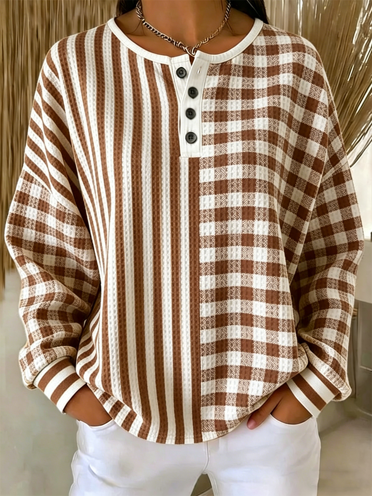 Waffle Textured Plaid & Stripe Color Block Henley Sweatshirt