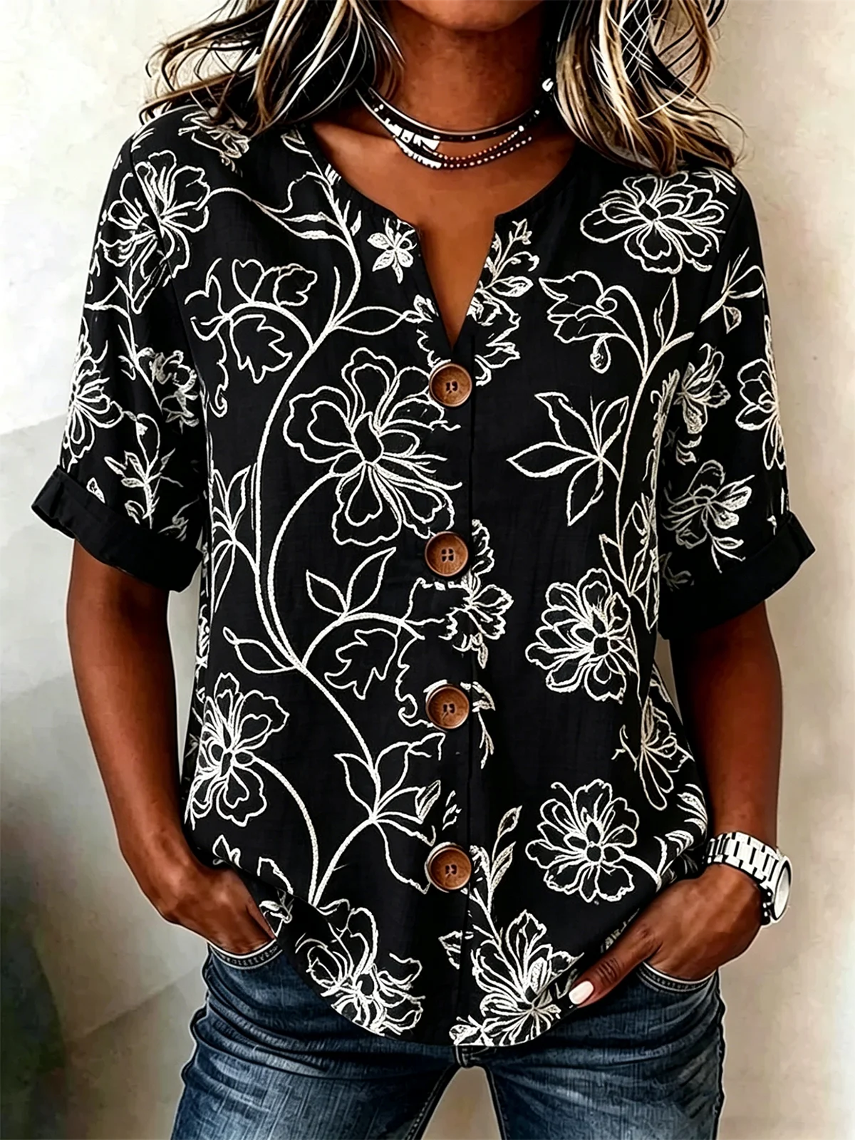 Vintage Blue Floral V-Neck Blouse with Wooden Buttons