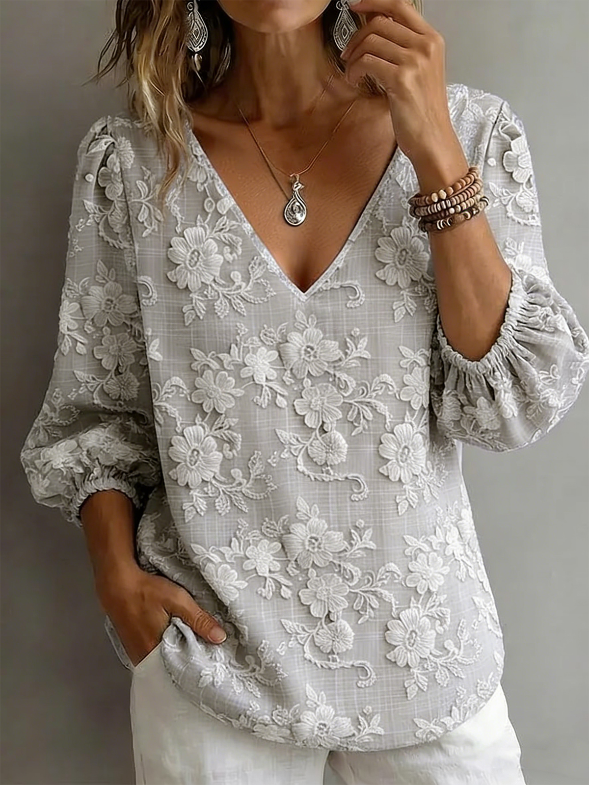 Vintage V Neck Cotton-Blend Floral T-Shirt