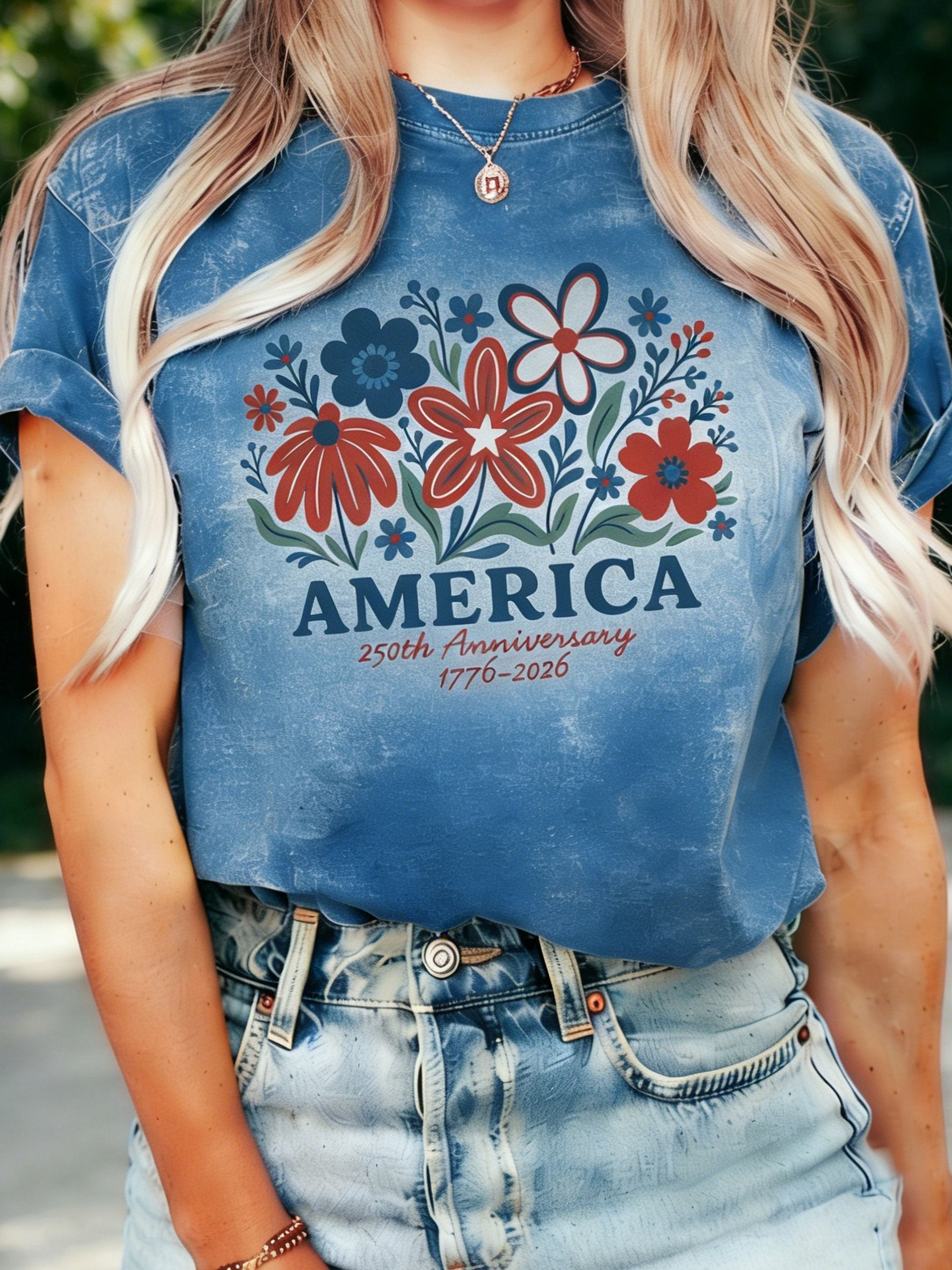 250th anniversary Independence Day Vintage Floral Printed Casual T-Shirt
