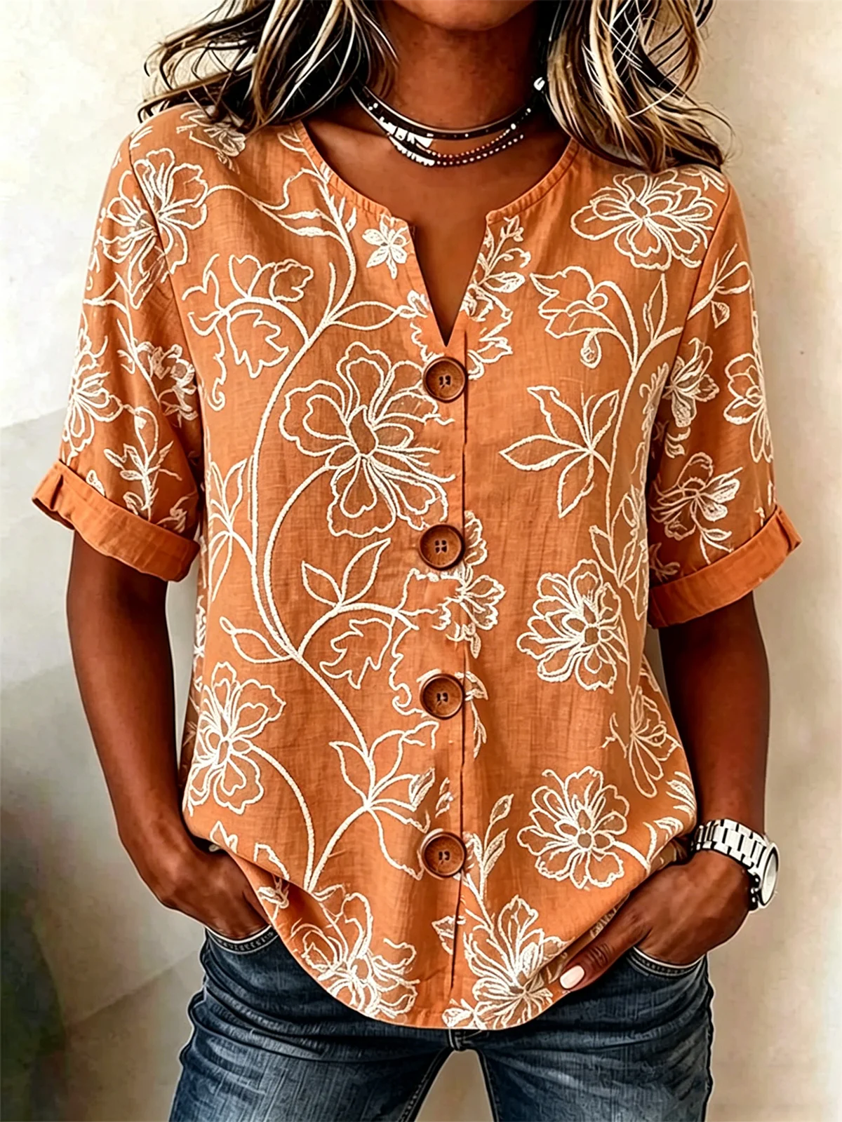 Vintage Blue Floral V-Neck Blouse with Wooden Buttons