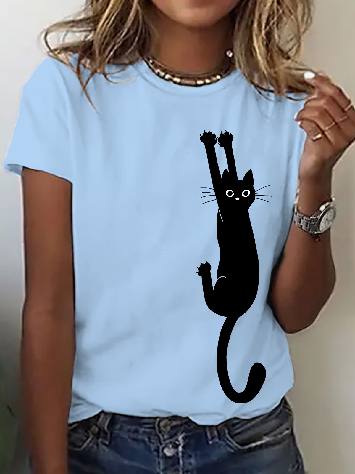 Black Cat Holding On Cotton T-shirt