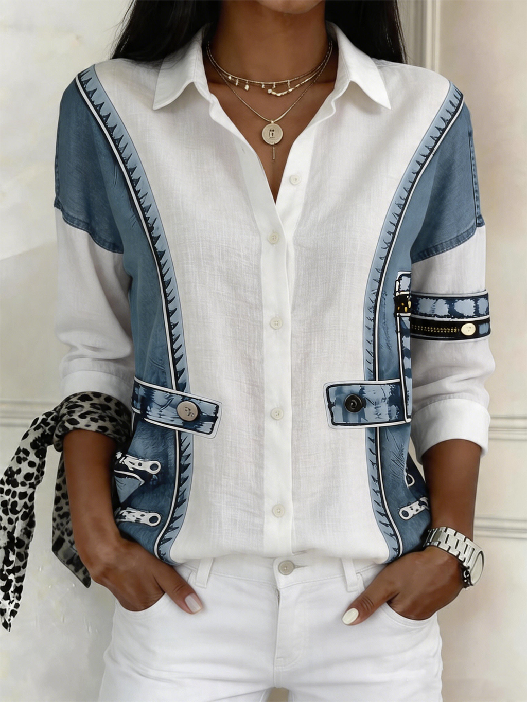 Casual Loose Faux Denim Print Graphic Shirt