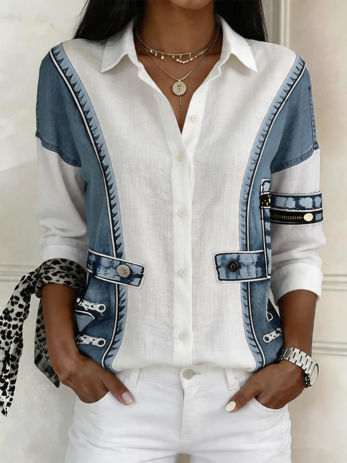 Casual Loose Faux Denim Print Graphic Shirt