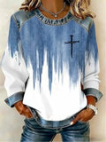 Women's Abstract Belief Print Patchwork Denim Crewneck Long-Sleeved Sweatshirt