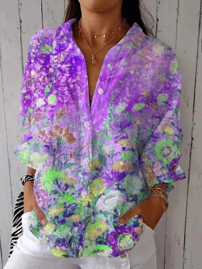 Casual Floral Shirt Collar Loose Shirt