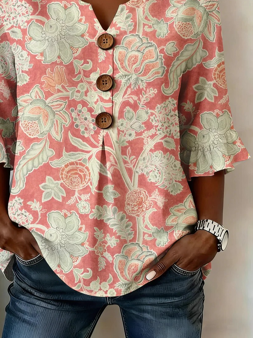 Floral Loose Elegant Cotton And Linen Shirt