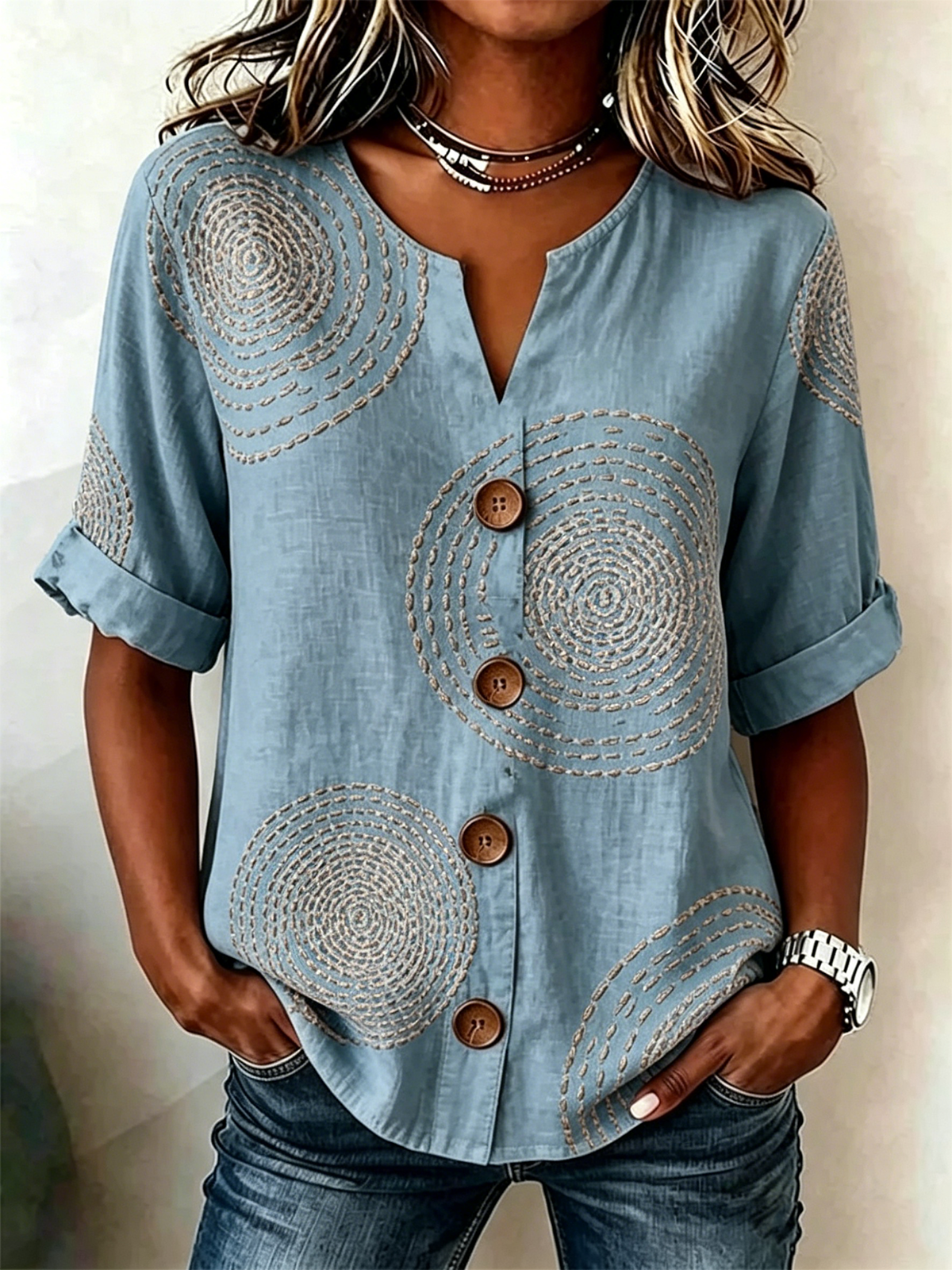 Women's Geometric Print Linen Blend V-Neck Button Front Rolled Sleeve Blouse