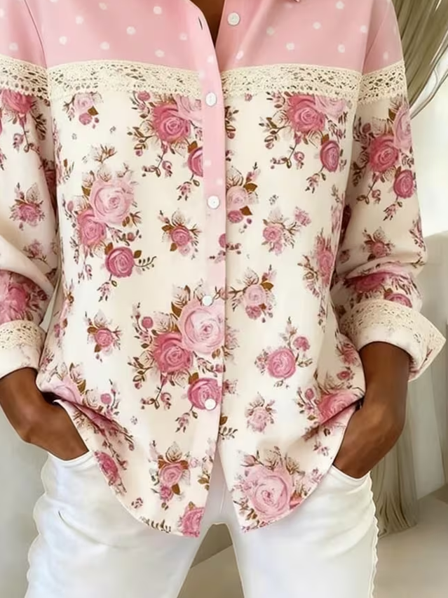 Women's Long Sleeve Shirt Spring/Fall Pink Floral Buckle Shirt Collar Regular Sleeve Daily Going Out Casual Top
