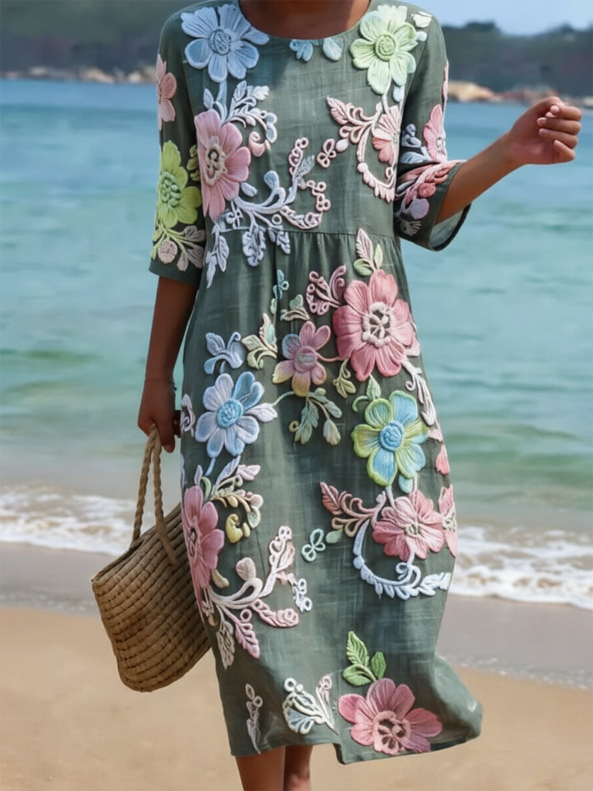 Light Blue Floral Print Half Sleeve Round Neck Midi Dress