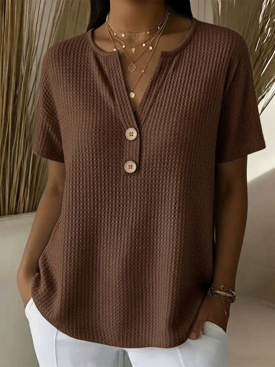 Waffle Plain V Neck Short Sleeve Button Daily Going Out Casual Loose Blouse