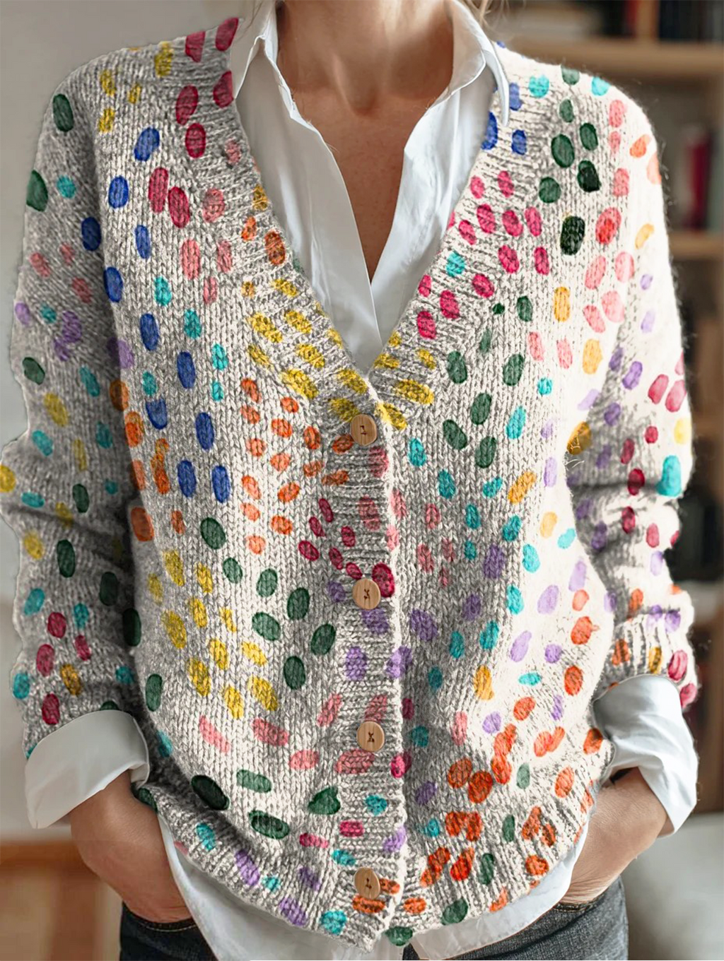 Colorful Polka Point Art Print Buttoned V-neck Cardigan Sweater