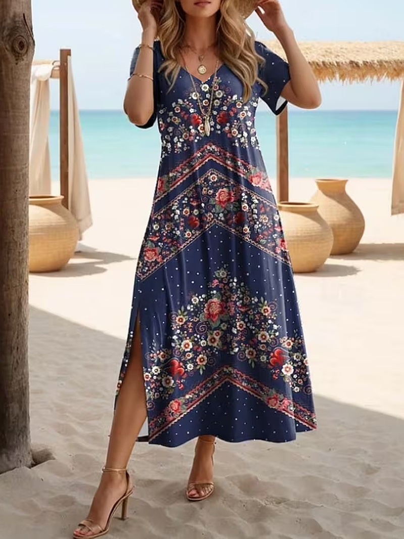 Women's Short Sleeve Summer Red Floral Printing V Neck Daily Going Out Casual Maxi X-Line Dress