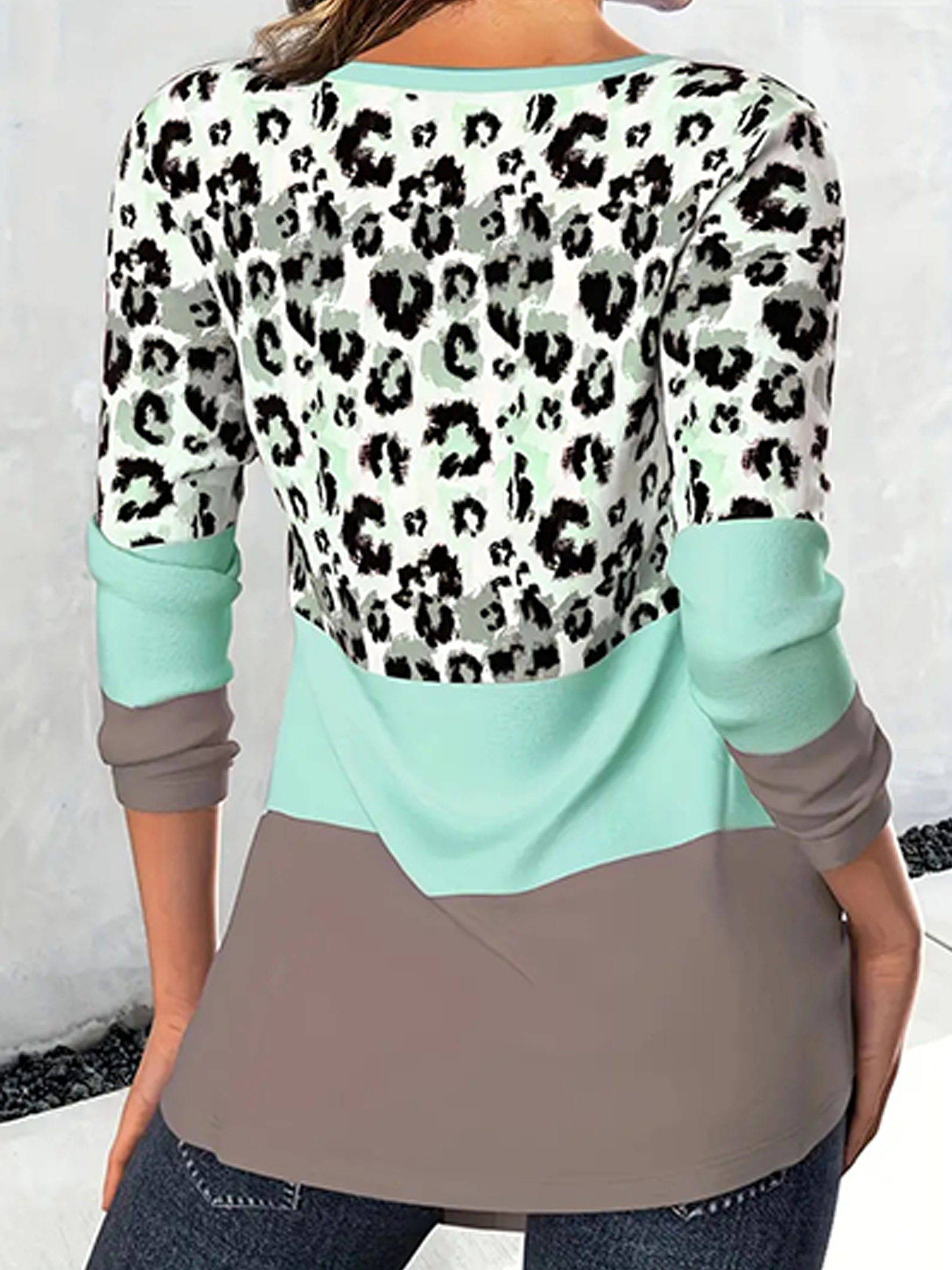 Leopard Color Block Crew Neck Elegant Regular Fit T-Shirt