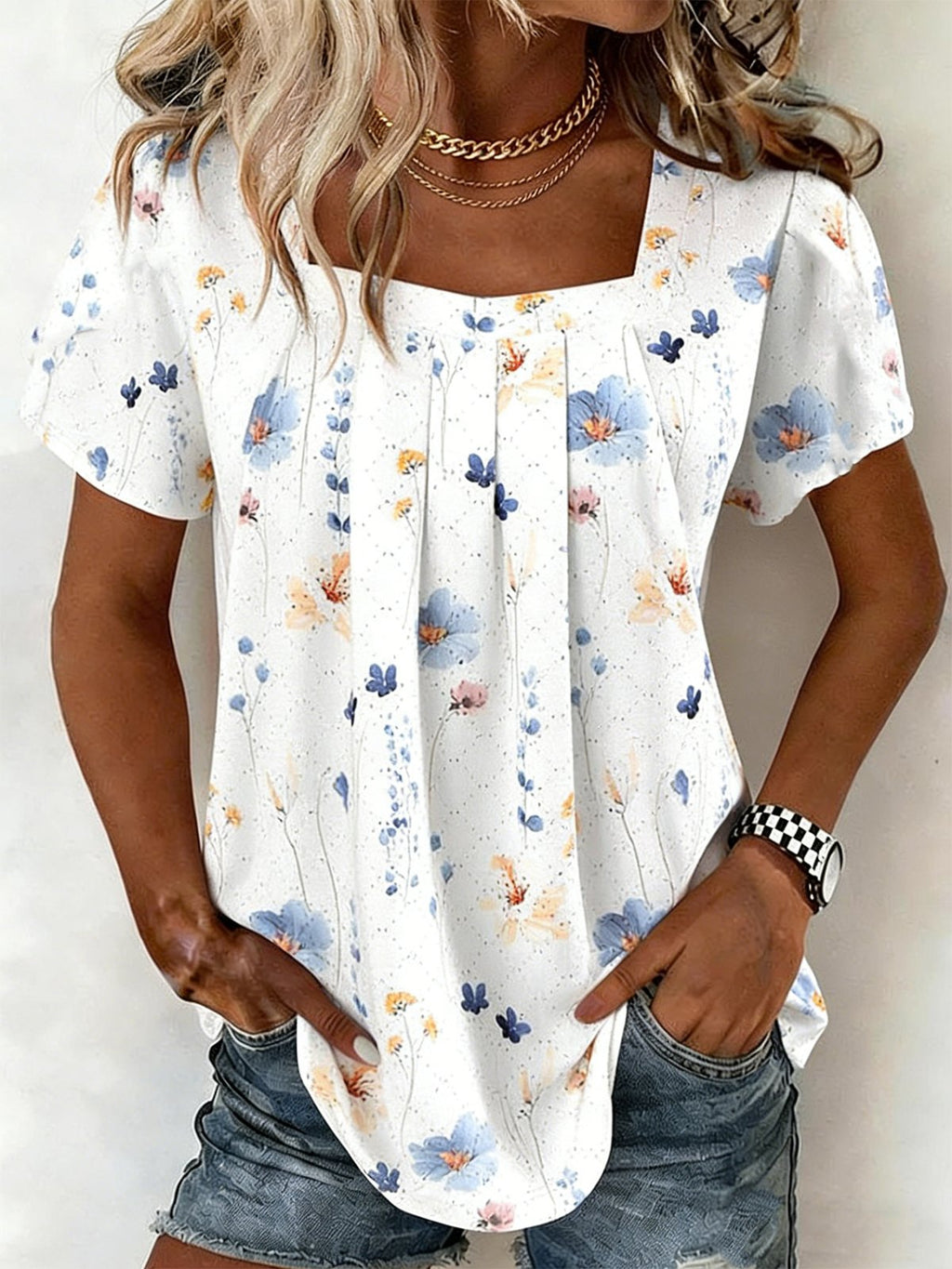 Elegant Square Neck Floral T-Shirt