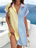 Colorful Striped Printed Color Block Shawl Collar Short Sleeve Summer Going Out Casual Shirt Dress