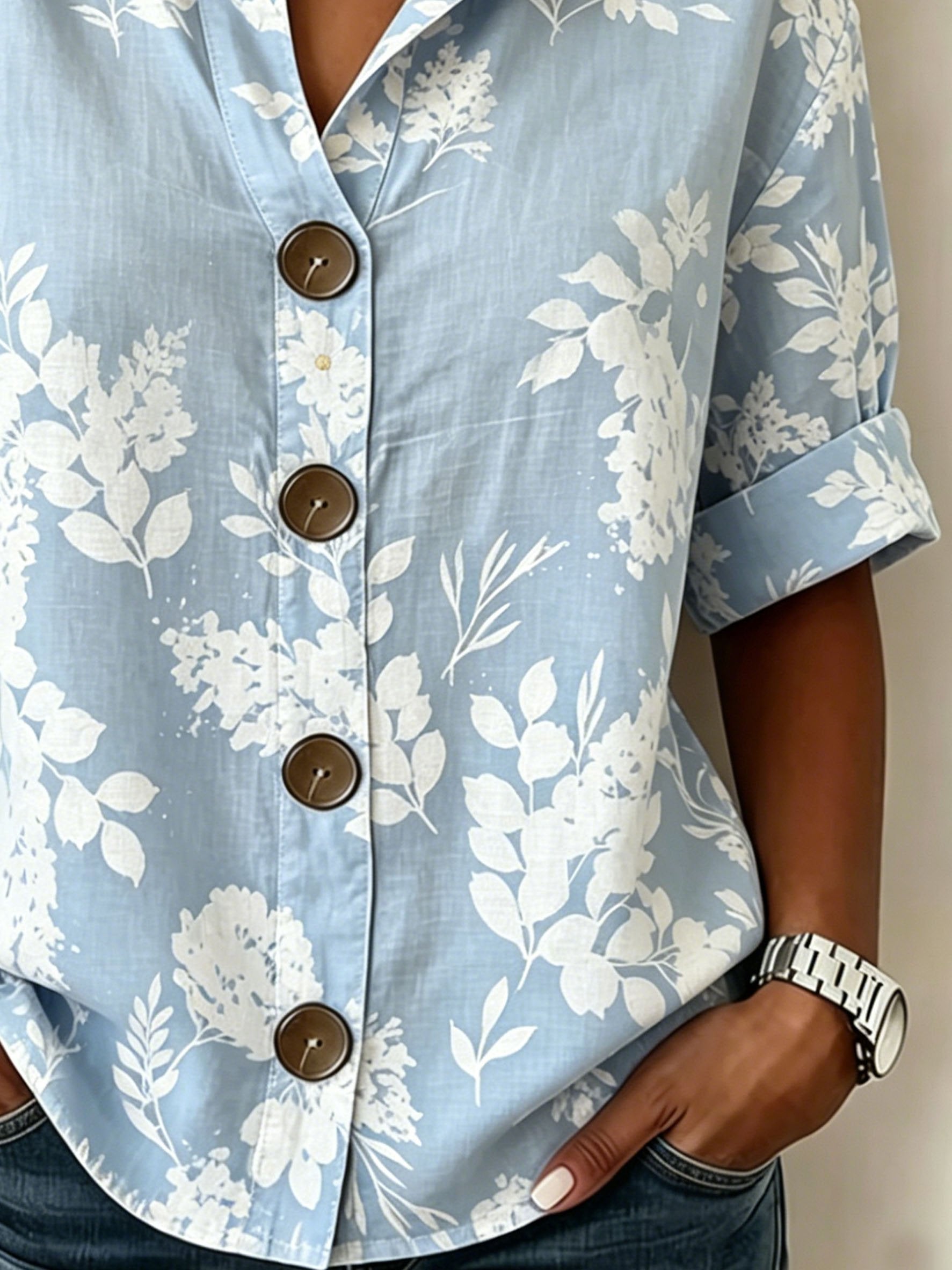 Blue Floral Stand Collar Botton Spring Summer Linen Blend Casual Shirt