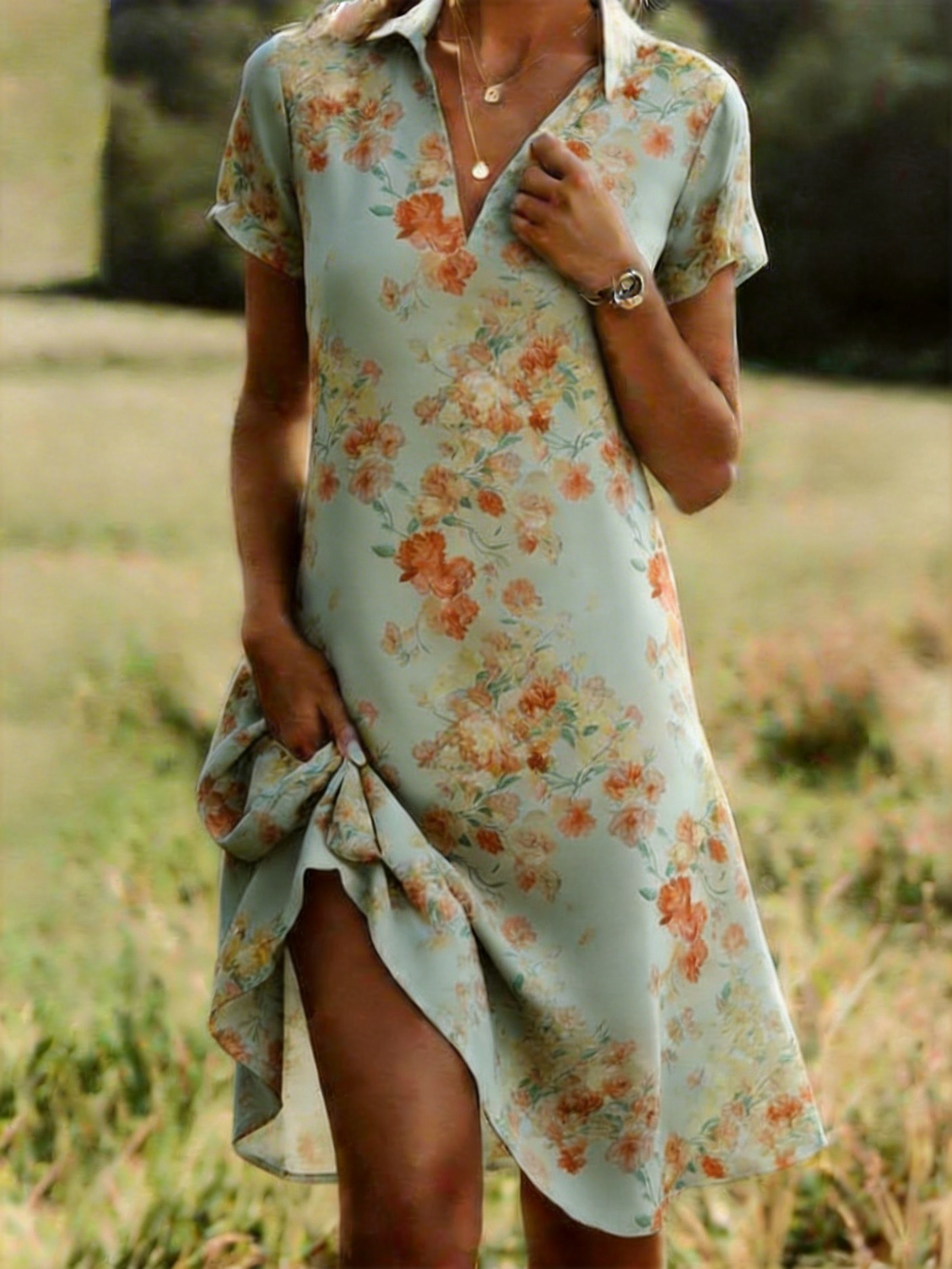 Loose Shirt Collar Floral Vintage Shirt Dress With No