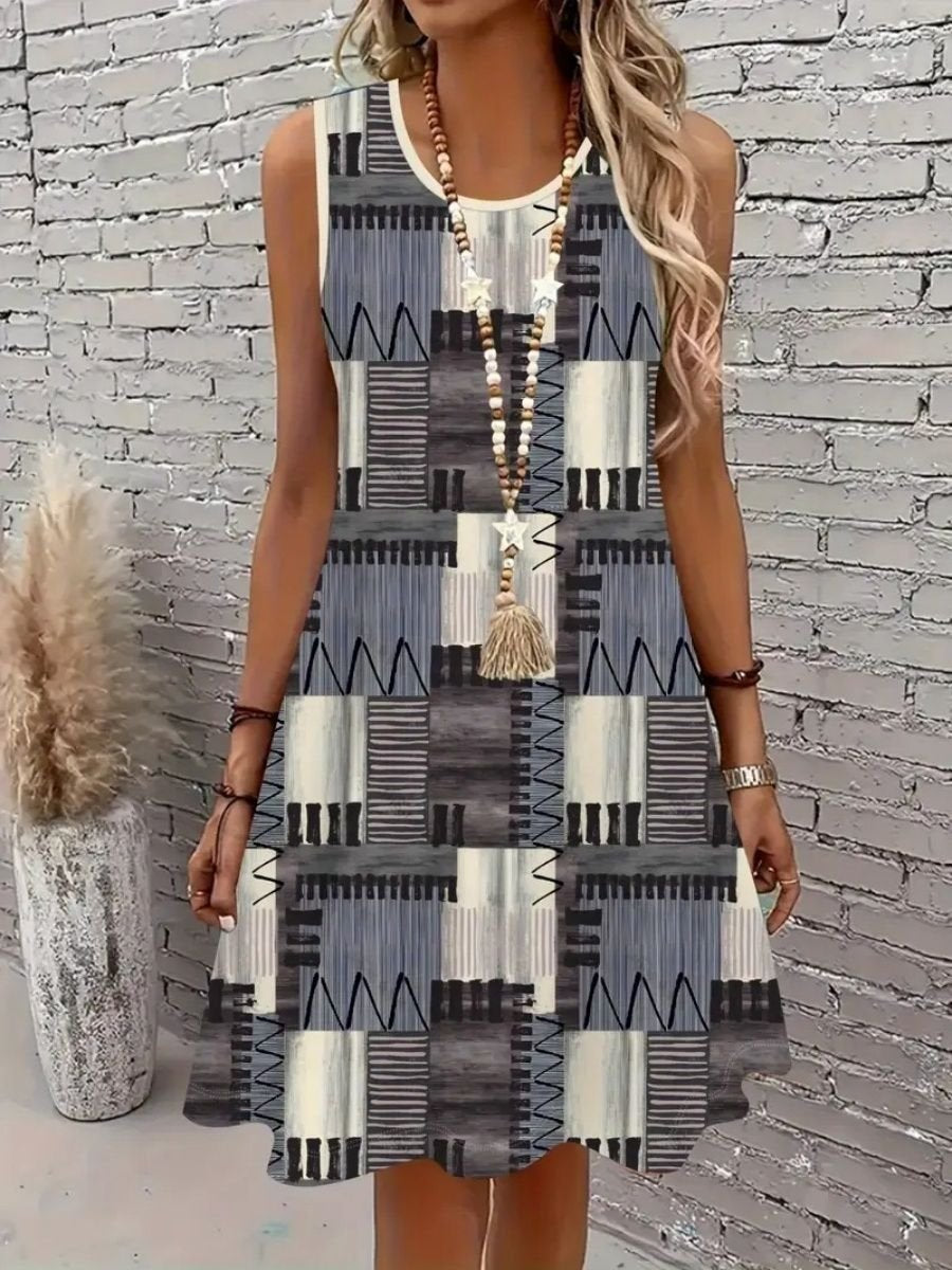 Elegant Loose Crew Neck Geometric Dress With No