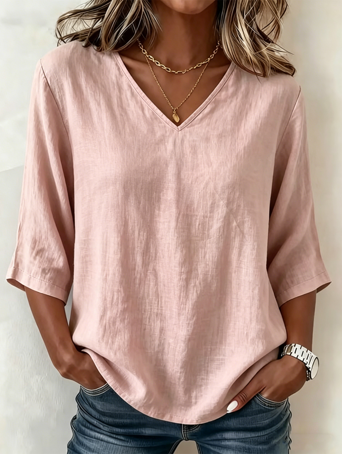 Loose Plain Casual V Neck Blouse