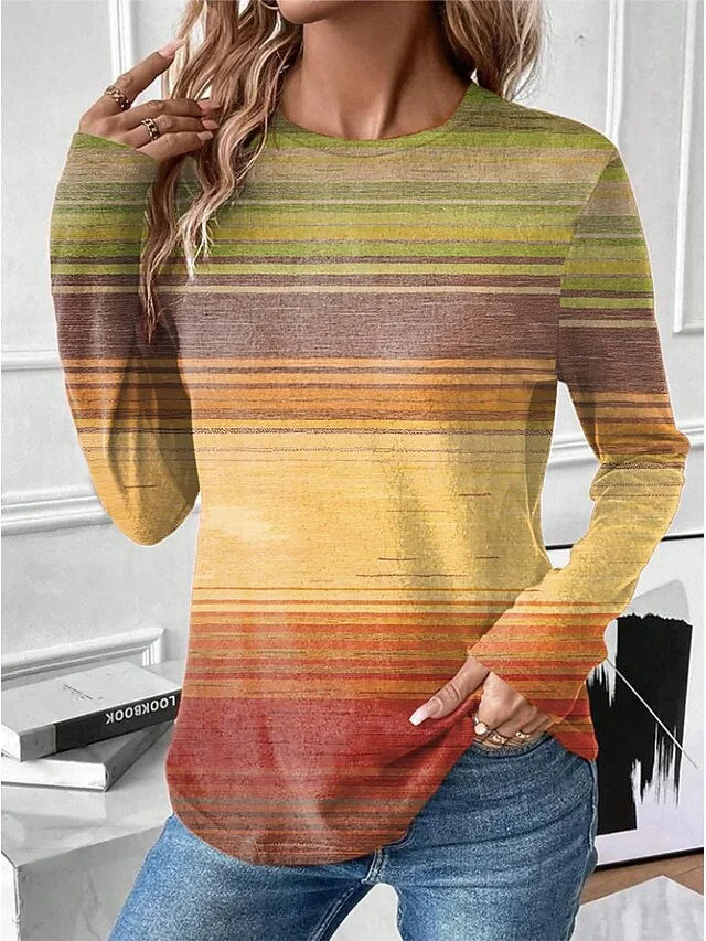 Women's Long Sleeve T-shirt Spring/Fall Yellow Abstract Stripes Printing Jersey Crew Neck Daily Going Out Casual Top