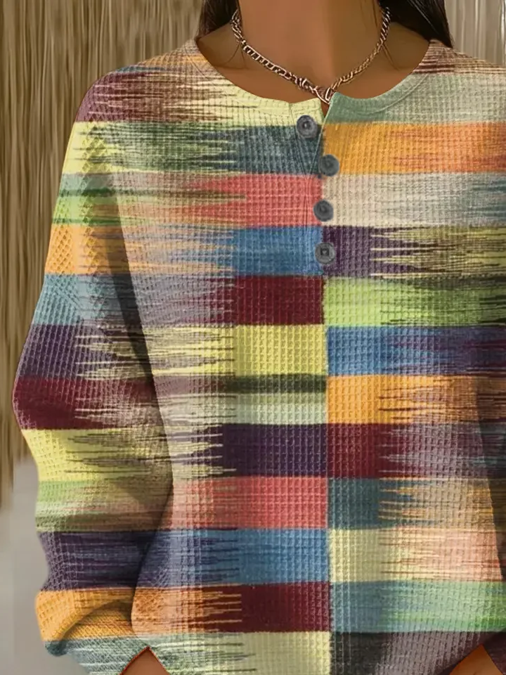 Women's Abstract Print Button-Up Casual Waffle Knit Sweatshirt
