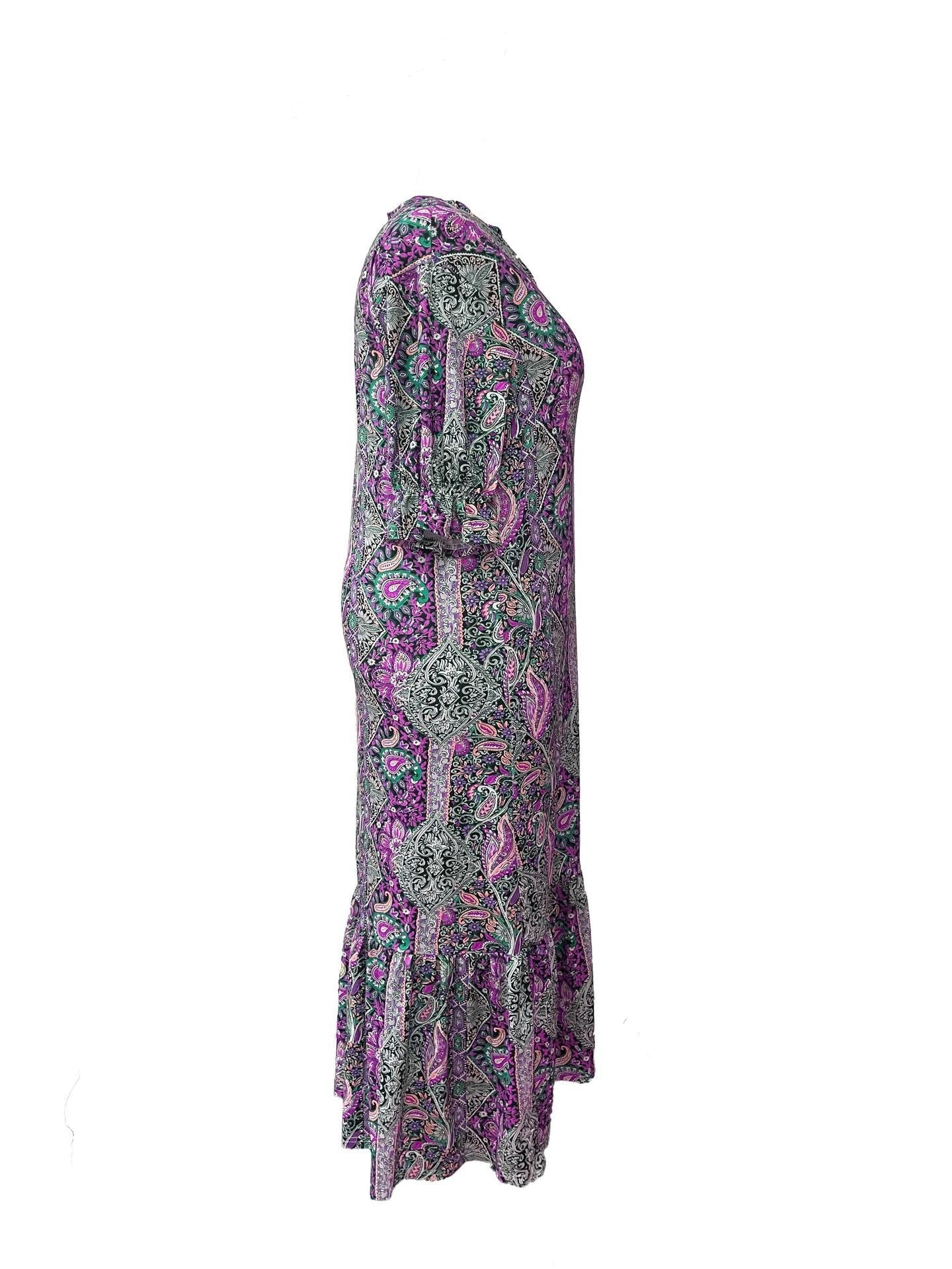 Ruffle Sleeve Elegant V Neck Geometric Polyester Cotton Dress With No