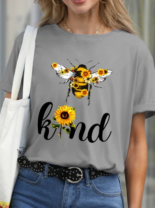 Casual Funny Bee Kind Print Crew Neck T-shirt