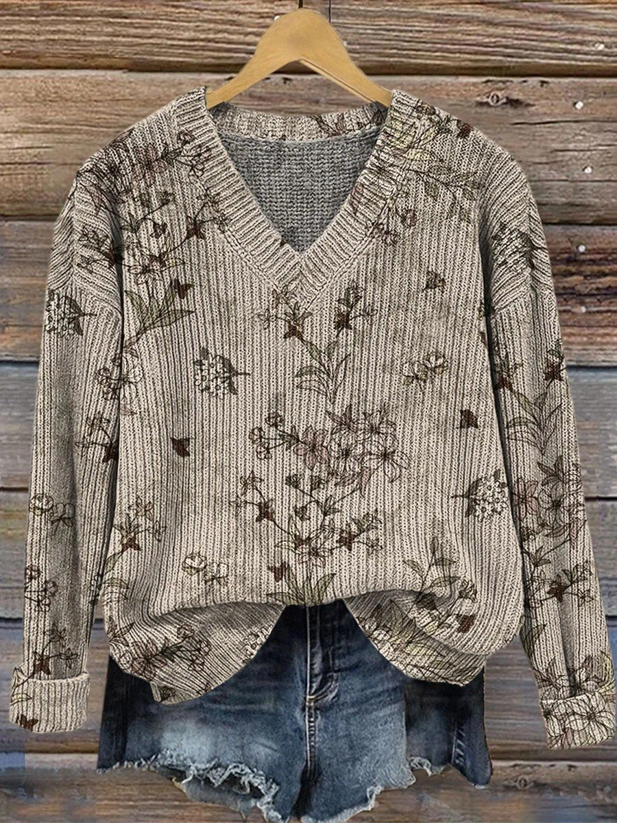 V Neck Floral Casual Loose Sweater