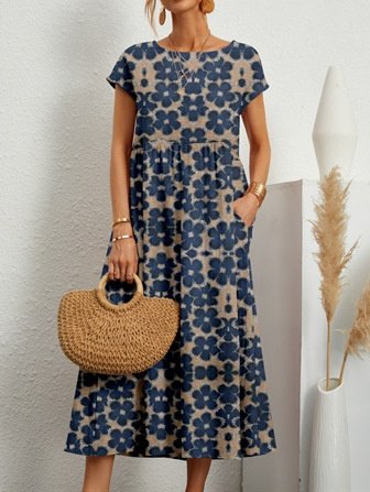 Women's Short Sleeve Summer Yellow Floral Split Joint Crew Neck Daily Going Out Vintage Maxi A-Line Tank Dress
