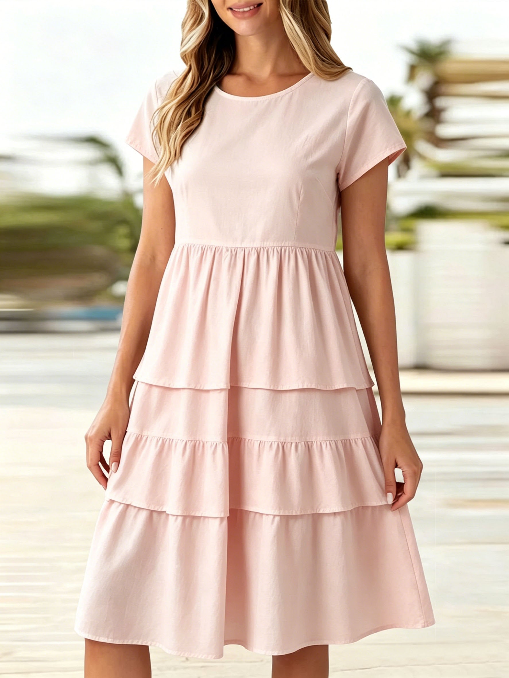 Regular Fit Cotton-Like Crease Casual Crew Neck Cap Sleeve Plain Ruffle Hem Dress With No