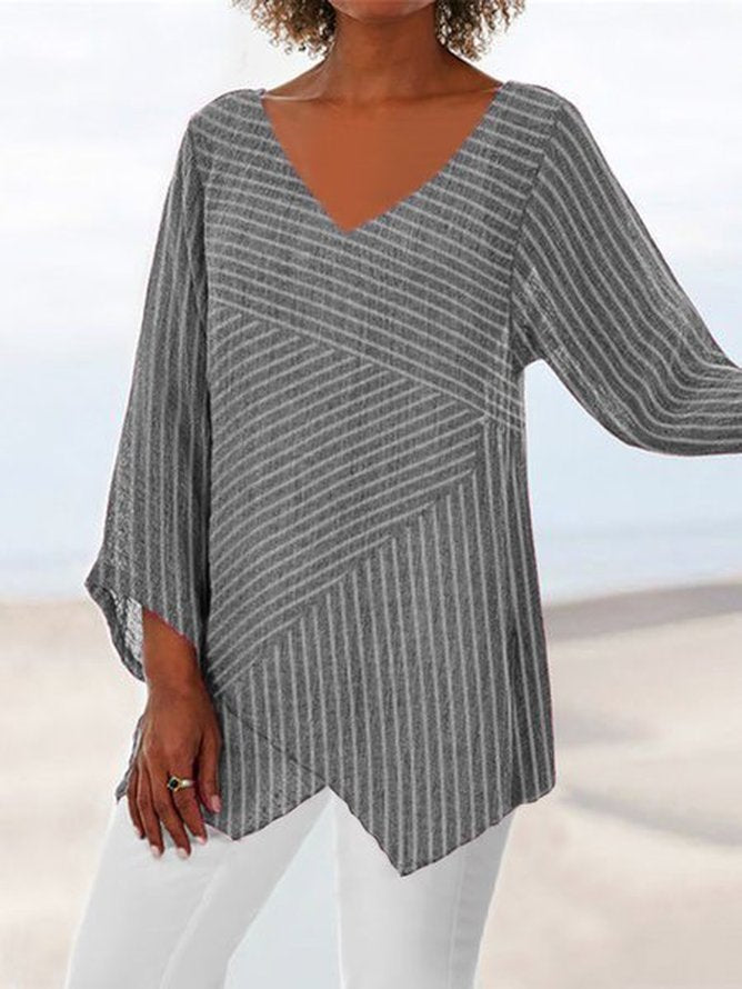 Striped Long Sleeve V Neck Cotton-Blend Top