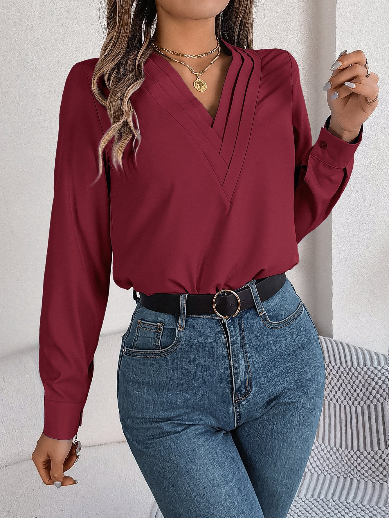 Women's Long Sleeve Shirt Spring/Fall White Plain Split Joint Tencel Fiber V Neck Daily Going Out Casual Top