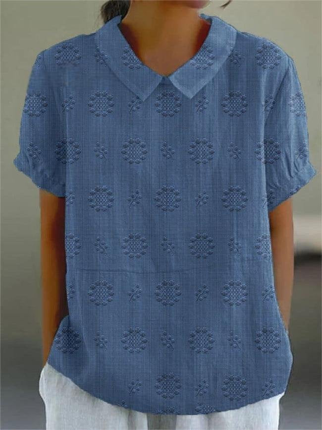 Vintage Printed Textured Short Sleeve Blouse with Peter Pan Collar