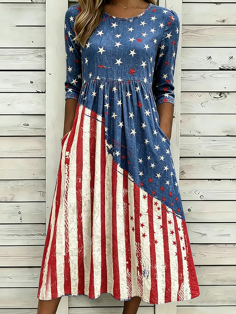 Women's Half Sleeve Summer Blue Independence Day (Flag) Printing Crew Neck Daily Going Out Casual Maxi H-Line Dress