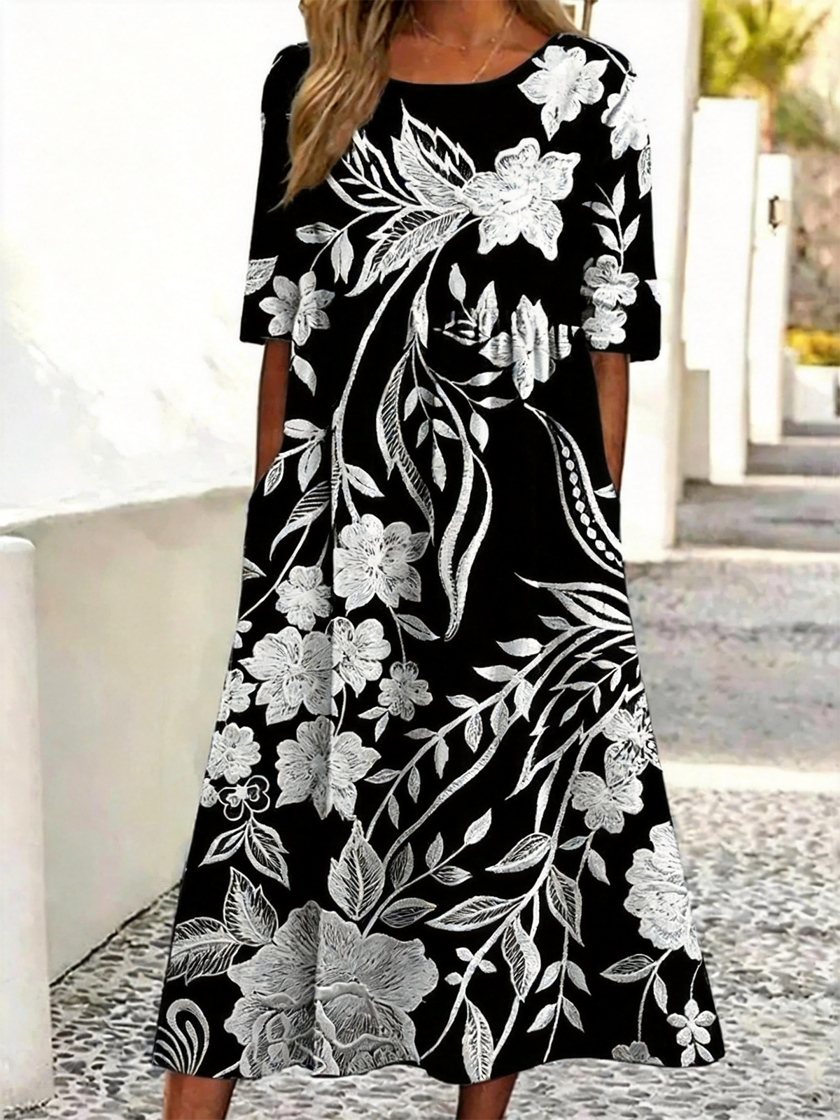 Women's Floral Print Maxi Dress Round Neck Half Sleeve Casual A-Line Dress with Pockets