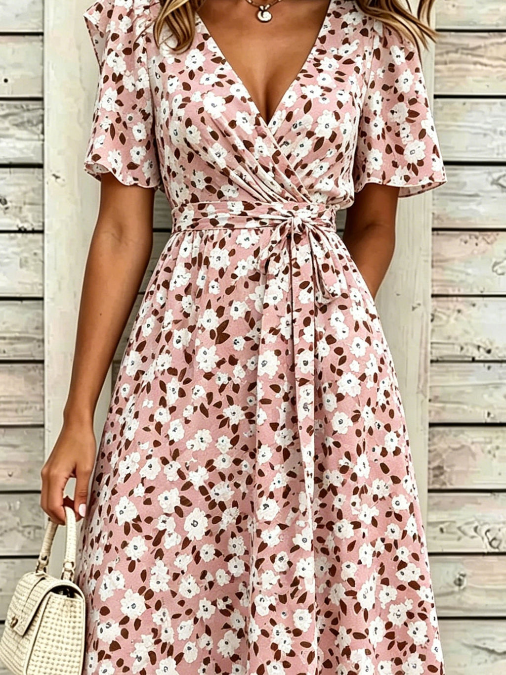 V Neck Puff Short Sleeve Belt Pink Floral Elegant Maxi Dress