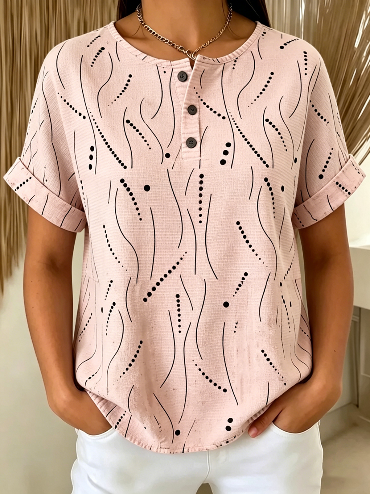 Women’s Abstract Line & Dot Print Henley Neck Short Sleeve T‑shirt