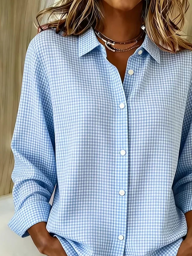 Women's Long Sleeve Shirt Spring/Fall Blue Plaid Buckle Shirt Collar Regular Sleeve Daily Going Out Casual Top
