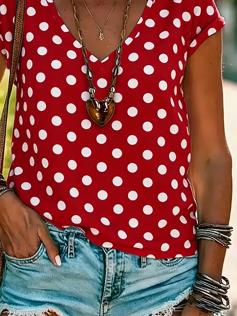 Women's Short Sleeve T-shirt Summer Red Polka Dots Printing V Neck Holiday Going Out Vintage Top