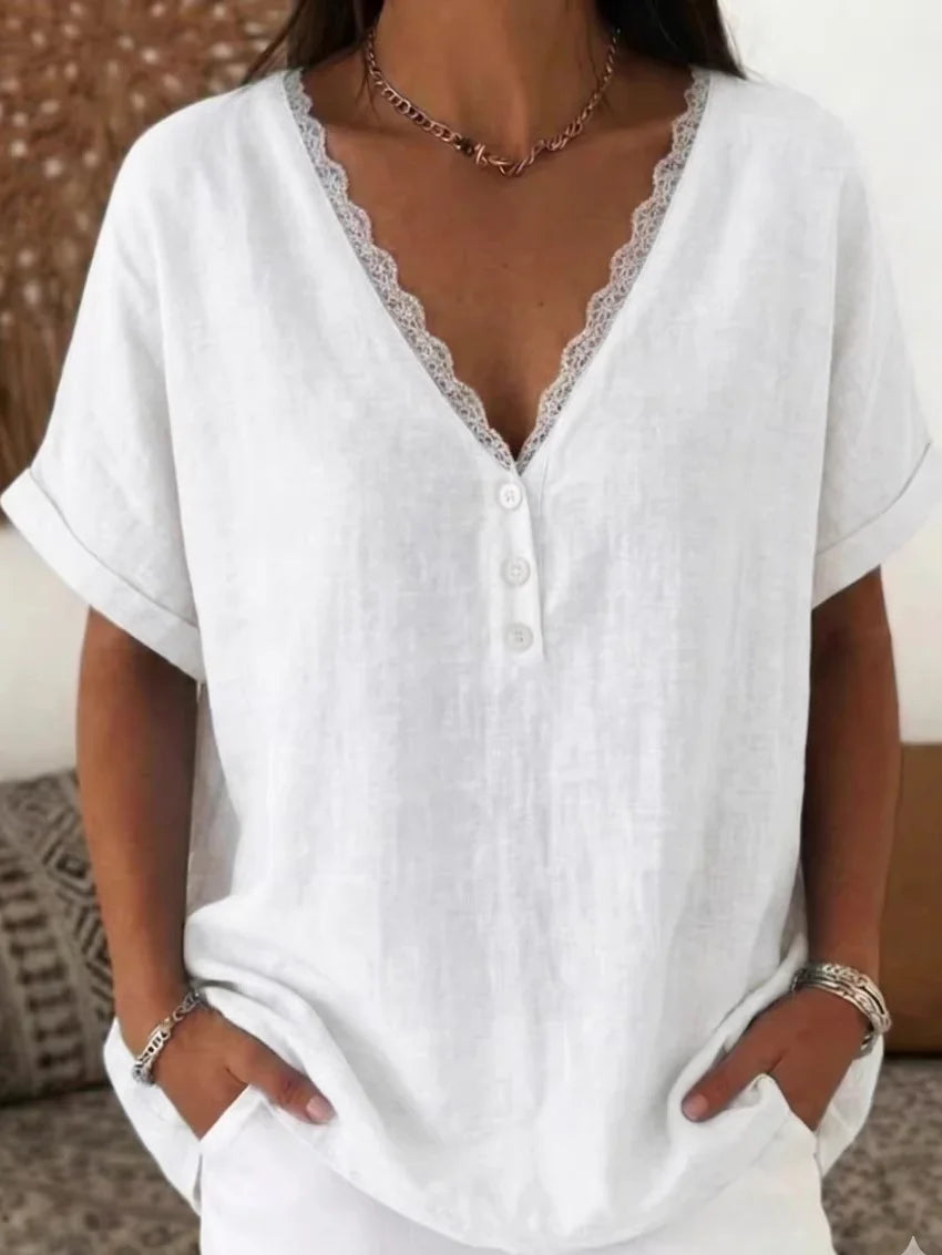 Cotton Casual Lace V Neck Blouse