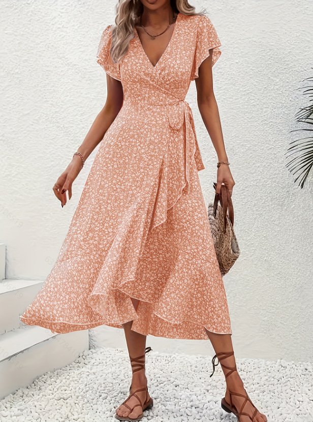 V Neck Ditsy Floral Regular Fit Elegant Dress With No
