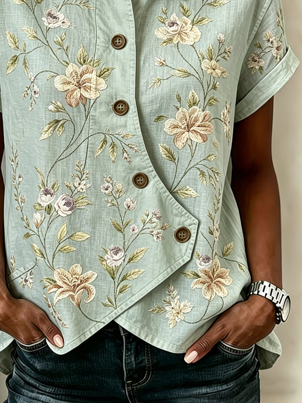 Women's Short Sleeve Shirt Summer Green Floral Printing Shawl Collar Daily Going Out Vintage Top