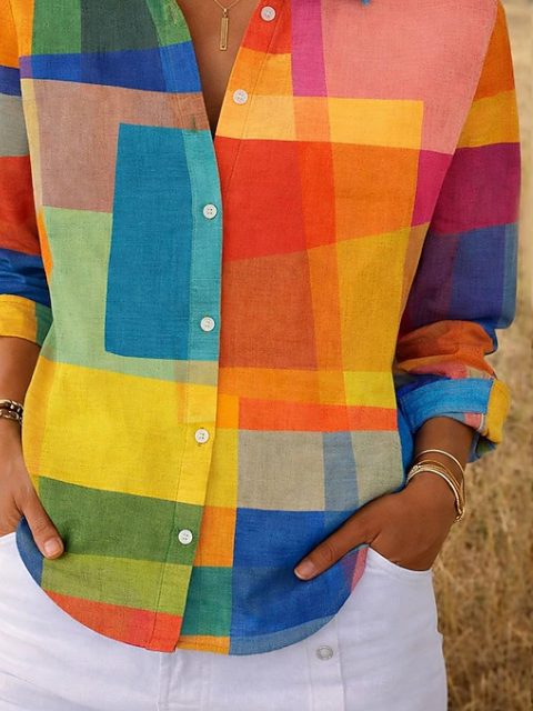 Women's Long Sleeve Shirt Spring/Fall As Picture Abstract Buckle Shirt Collar Regular Sleeve Daily Going Out Casual Top