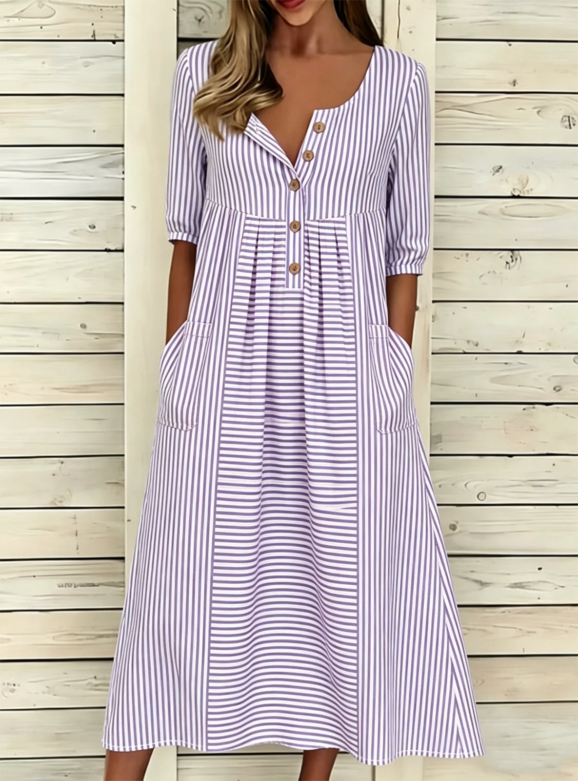 Loose Striped Vintage Half Open Collar Dress With No