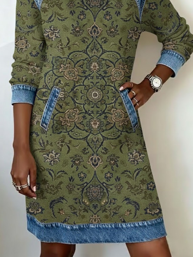 Women's Flowers Print Patchwork Denim Casual Dress