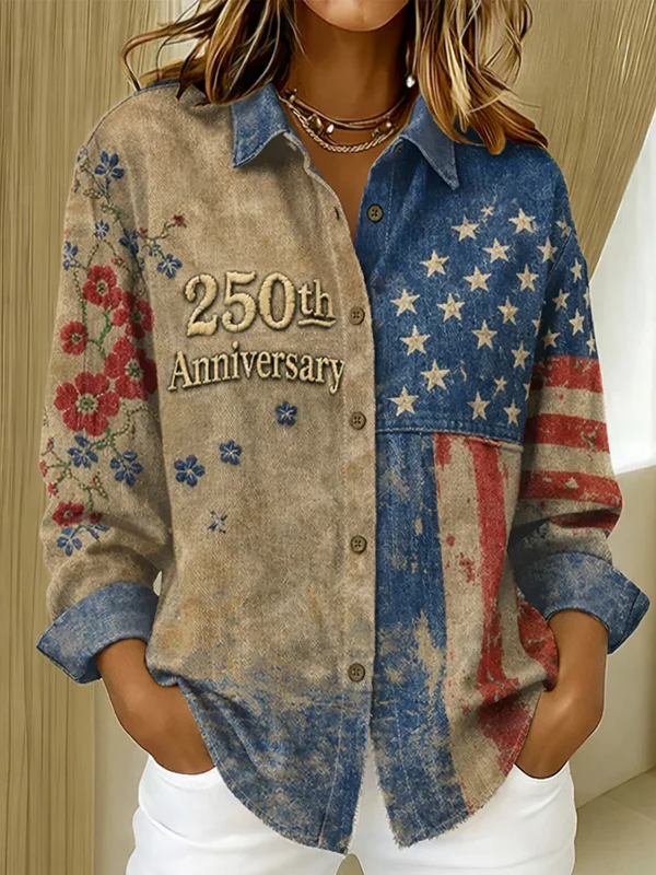 Women's Long Sleeve Shirt Spring/Fall As Picture America Flag Buckle Shirt Collar Regular Sleeve Daily Going Out Casual Top