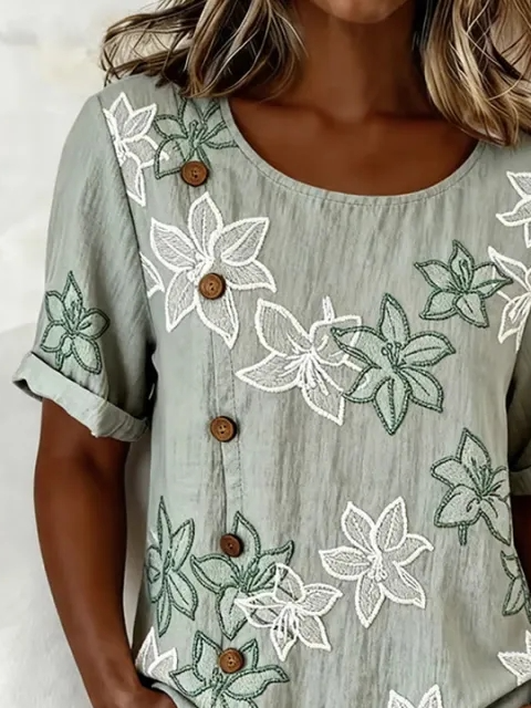 Loose Linen Blend Elegant Crew Neck Shirt