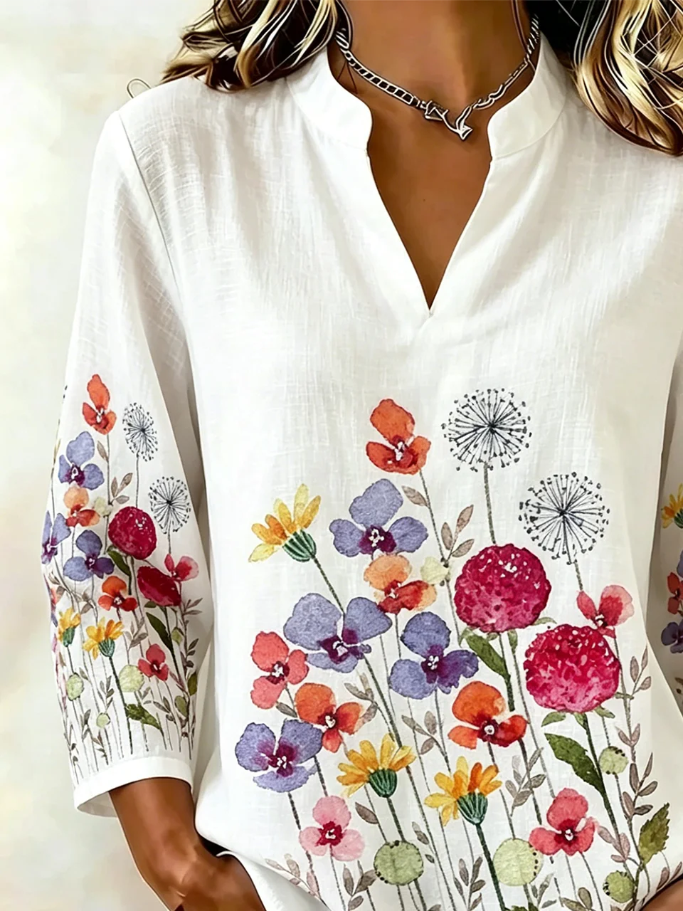 Women's Long-Sleeve Cotton-Linen Blouse with Botanical Floral Print